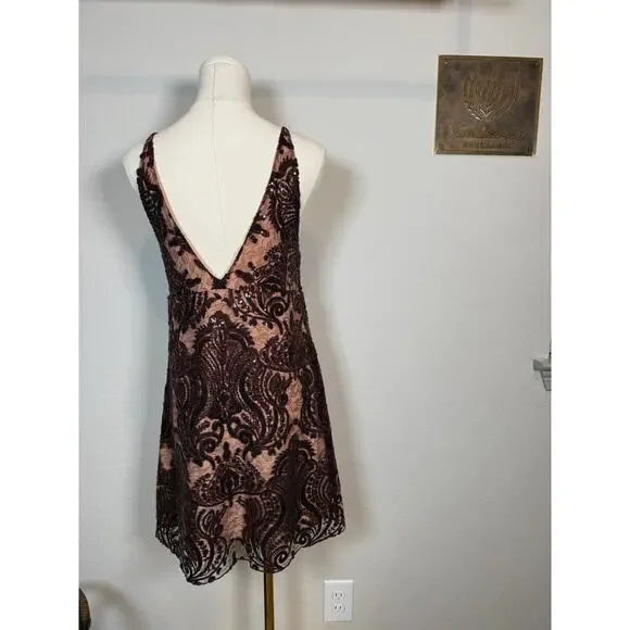 Women's Free People Maroon Sequined Spaghetti Strap V Neck Dress Size 8 - Picture 10 of 11
